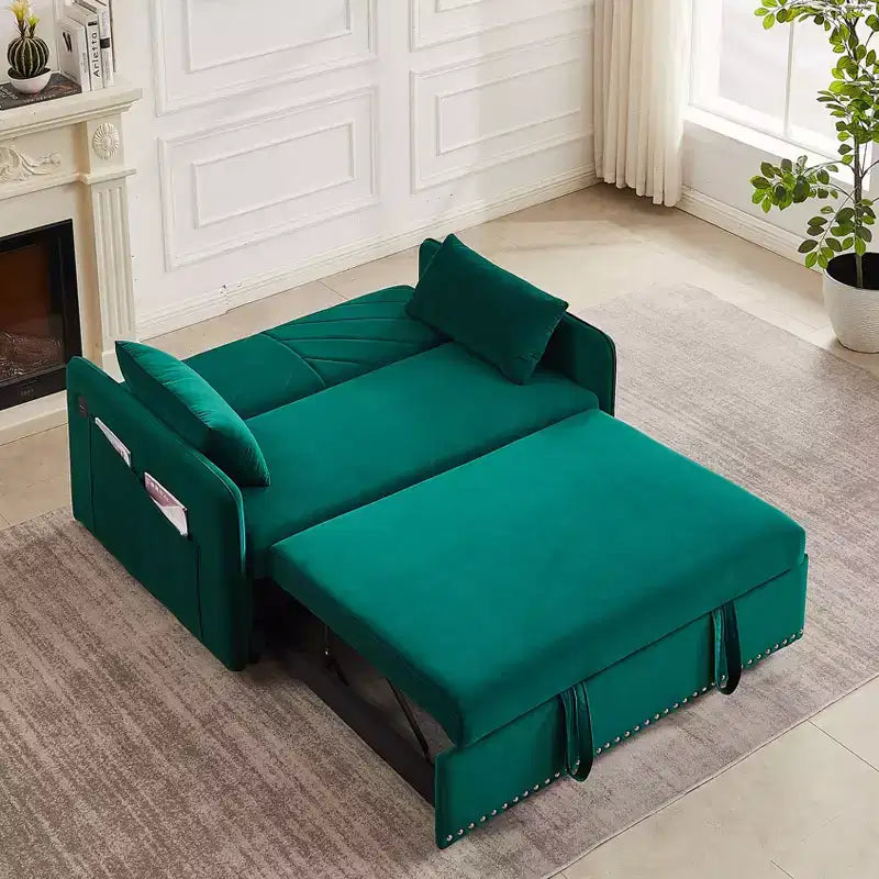 55 Velvet Convertible Sofa Bed - Modern Design with Pull-Out Bed, Pillows, & Grid Design Armrests