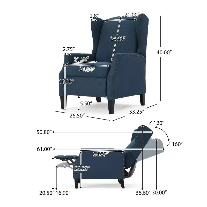 GDFStudio Weyland Contemporary Fabric Wingback Pushback Recliner with Nailhead Accents