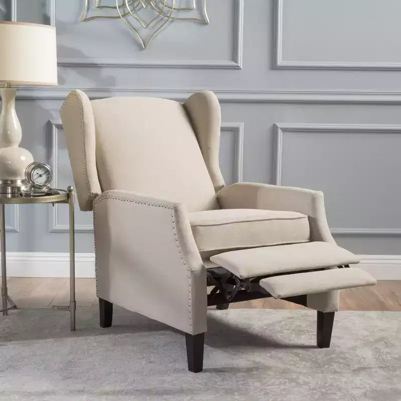 GDFStudio Weyland Contemporary Fabric Wingback Pushback Recliner with Nailhead Accents