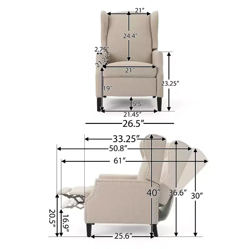 GDFStudio Weyland Contemporary Fabric Wingback Pushback Recliner with Nailhead Accents