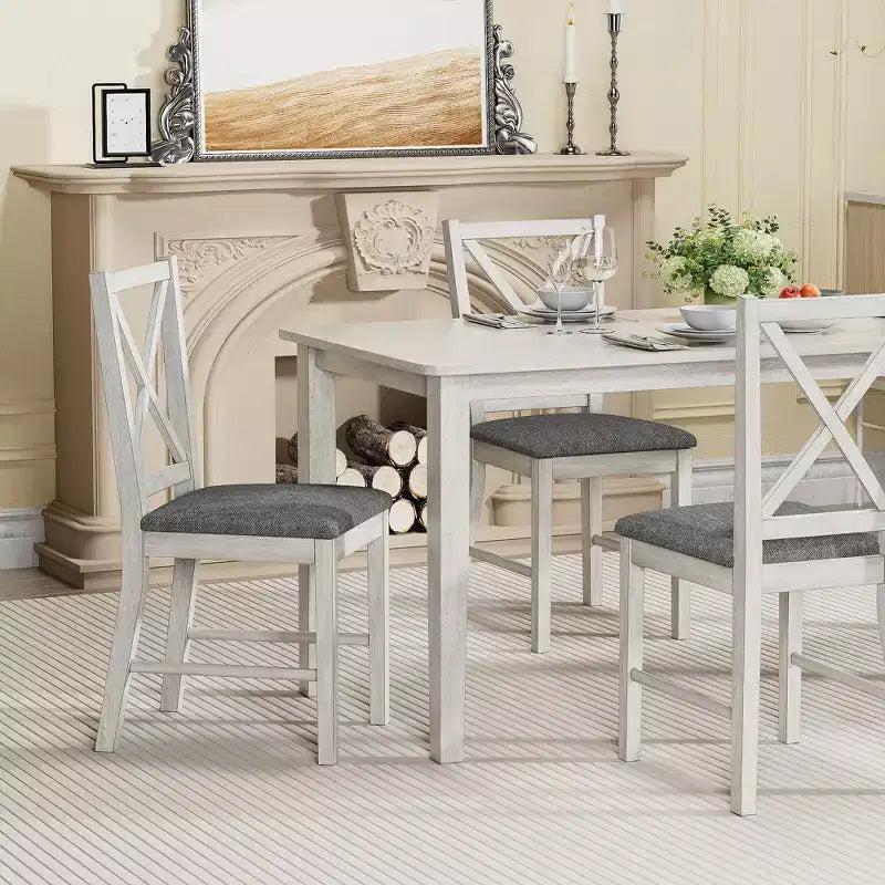 VECELO Farmhouse Style Dining Table Set, Rubber Wood Table and Upholstered Dining Chairs, Gray