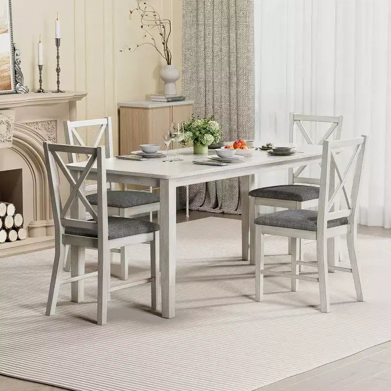 VECELO Farmhouse Style Dining Table Set, Rubber Wood Table and Upholstered Dining Chairs, Gray