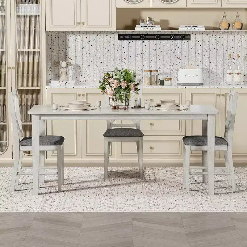VECELO Farmhouse Style Dining Table Set, Rubber Wood Table and Upholstered Dining Chairs, Gray