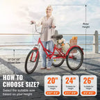 VEVOR Folding Adult Tricycle, 24-Inch Adult Folding Trikes, Carbon Steel 3 Wheel Cruiser Bike with Large Basket & Adjustable Seat