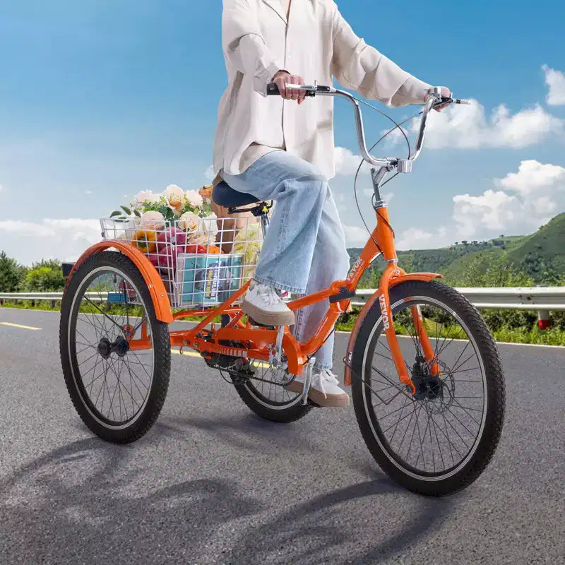 VEVOR Triciclo Pieghevole per Adulti, Tricicli Pieghevoli per Adulti da 24 Pollici, Bici da Crociera a 3 Ruote in Lega di Alluminio Leggera con Ampio Cesto Posteriore