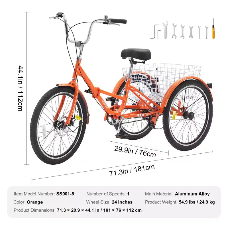 VEVOR Triciclo Pieghevole per Adulti, Tricicli Pieghevoli per Adulti da 24 Pollici, Bici da Crociera a 3 Ruote in Lega di Alluminio Leggera con Ampio Cesto Posteriore