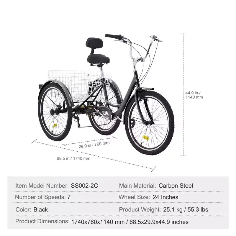 VEVOR Adult Tricycles Bike, 7 Speed Adult Trikes, 24 Inch Three-Wheeled Bicycles, Carbon Steel Cruiser Bike with Basket and Adjustable Seat