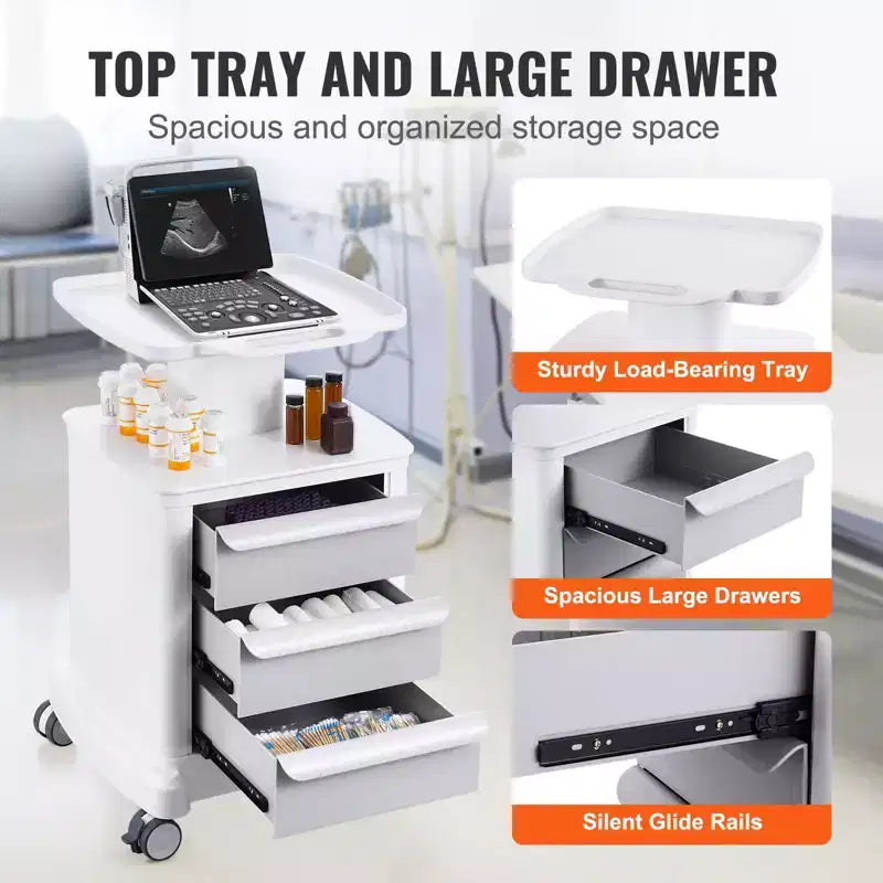 Carrelli da laboratorio VEVOR a 4 ripiani, carrello di servizio da laboratorio con 3 cassetti e 1 vassoio superiore, carrello medico mobile con materiale ABS, carrello da laboratorio su ruote