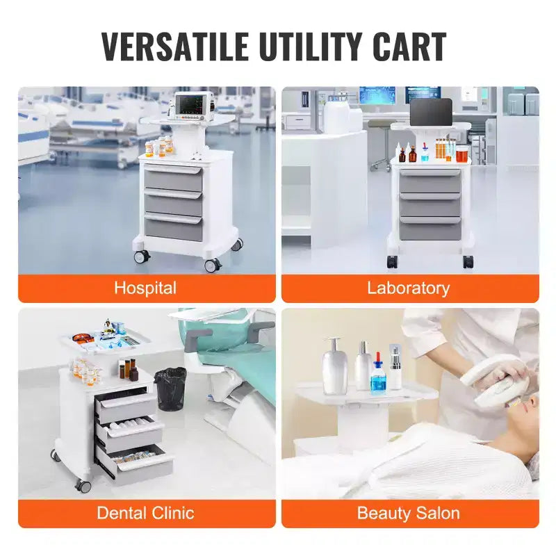 Carrelli da laboratorio VEVOR a 4 ripiani, carrello di servizio da laboratorio con 3 cassetti e 1 vassoio superiore, carrello medico mobile con materiale ABS, carrello da laboratorio su ruote
