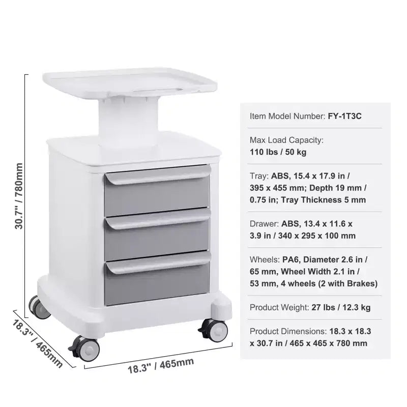 Carrelli da laboratorio VEVOR a 4 ripiani, carrello di servizio da laboratorio con 3 cassetti e 1 vassoio superiore, carrello medico mobile con materiale ABS, carrello da laboratorio su ruote