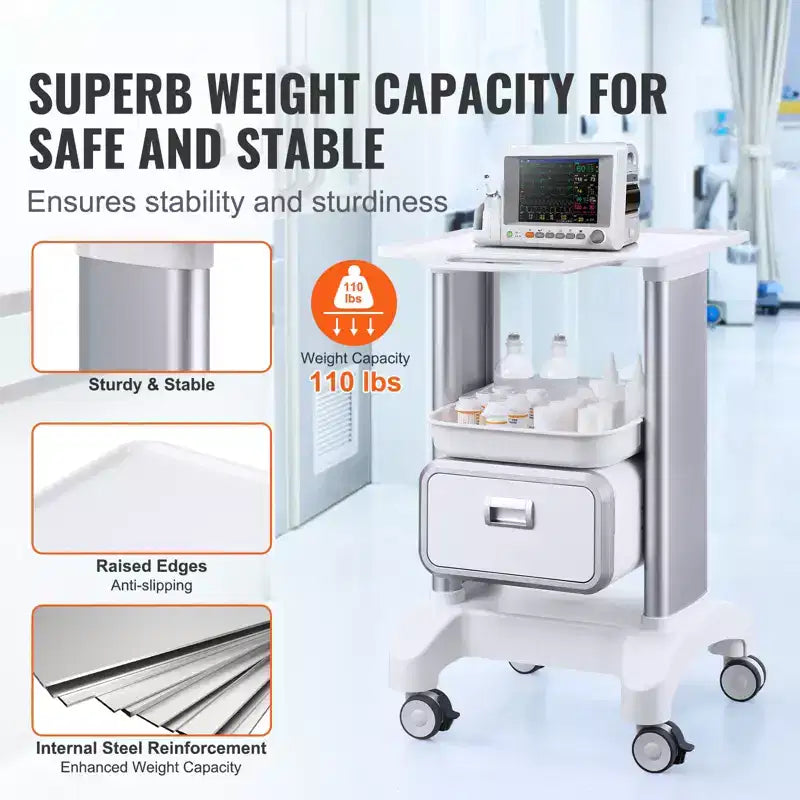 VEVOR 2 Tiers Lab Carts, Lab Utility Cart with 1 Drawer & 1 Top Tray, Mobile Medical Cart with ABS Material, Lab Rolling Cart