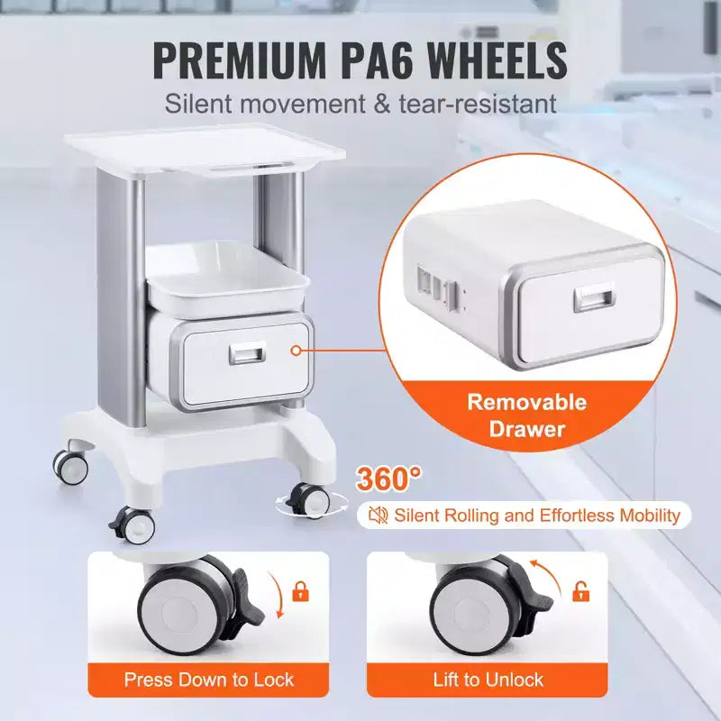 VEVOR 2 Tiers Lab Carts, Lab Utility Cart with 1 Drawer & 1 Top Tray, Mobile Medical Cart with ABS Material, Lab Rolling Cart