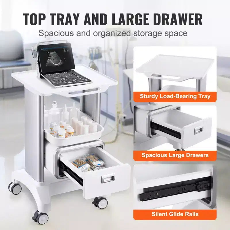 VEVOR 2 Tiers Lab Carts, Lab Utility Cart with 1 Drawer & 1 Top Tray, Mobile Medical Cart with ABS Material, Lab Rolling Cart