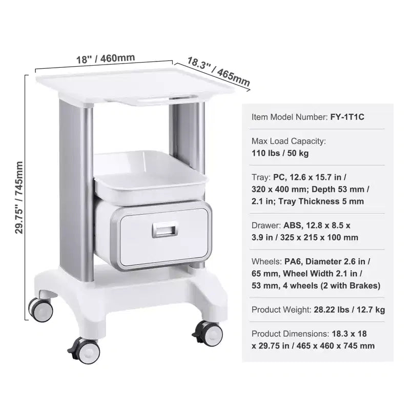 VEVOR 2 Tiers Lab Carts, Lab Utility Cart with 1 Drawer & 1 Top Tray, Mobile Medical Cart with ABS Material, Lab Rolling Cart