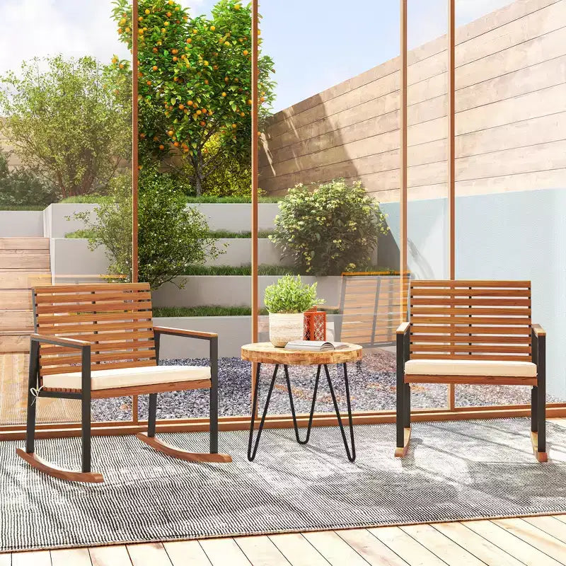Outsunny Outdoor Rocking Chair Set of 2, Acacia Wood Outdoor Rockers with Armrests, Cushion, Cream White