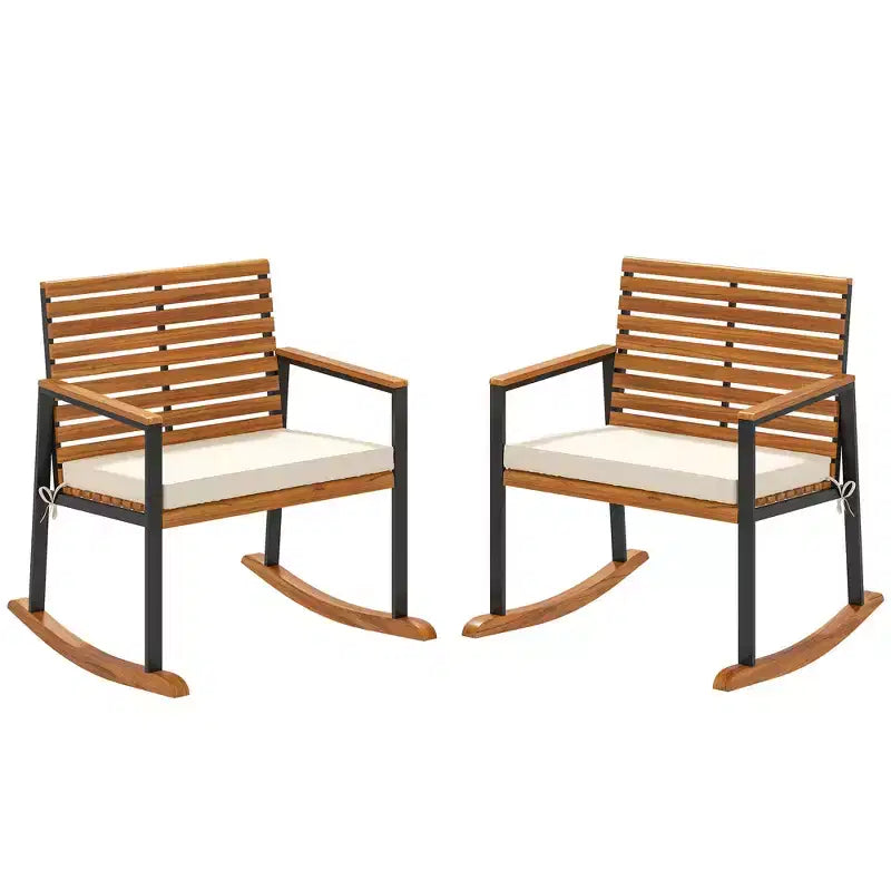 Outsunny Outdoor Rocking Chair Set of 2, Acacia Wood Outdoor Rockers with Armrests, Cushion, Cream White