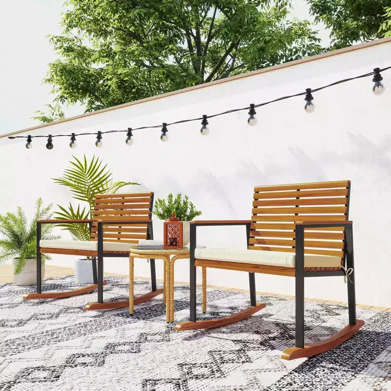 Outsunny Outdoor Rocking Chair Set of 2, Acacia Wood Outdoor Rockers with Armrests, Cushion, Cream White