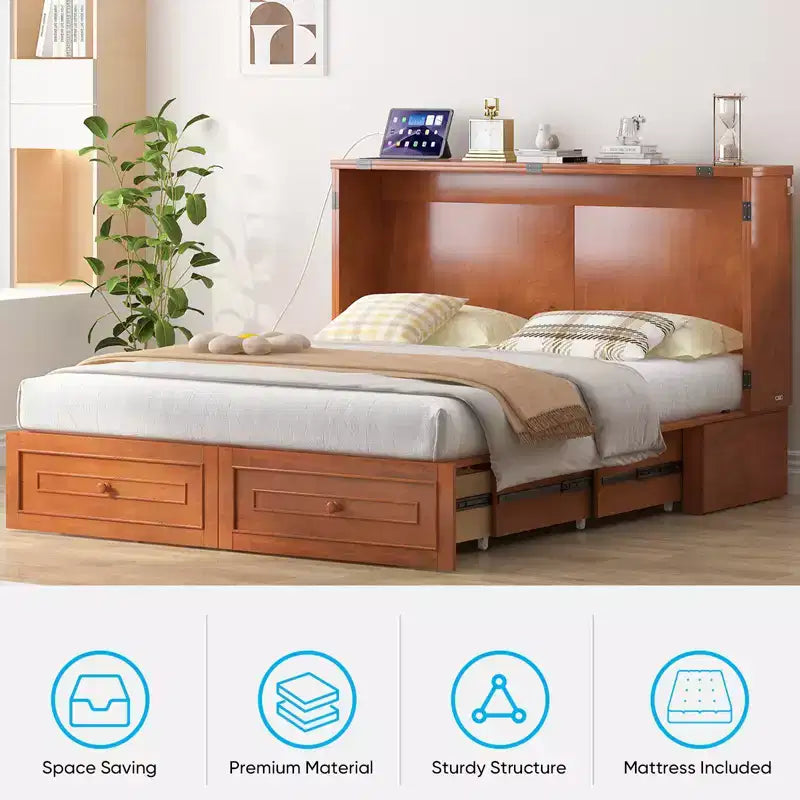 Mjkone Letto a Scomparsa Multifunzionale Queen Size con Stazione di Ricarica USB, Cassetti e Materasso Tri-Pieghevole