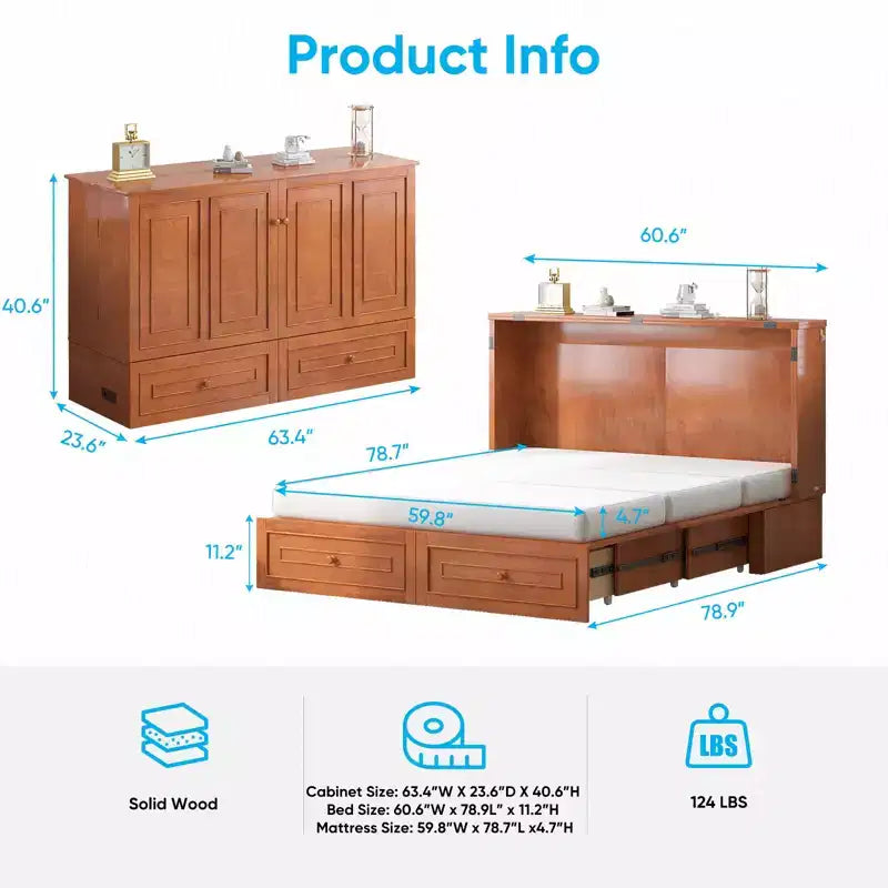 Mjkone Letto a Scomparsa Multifunzionale Queen Size con Stazione di Ricarica USB, Cassetti e Materasso Tri-Pieghevole
