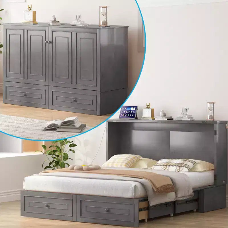 Mjkone Letto a Scomparsa Multifunzionale Queen Size con Stazione di Ricarica USB, Cassetti e Materasso Tri-Pieghevole