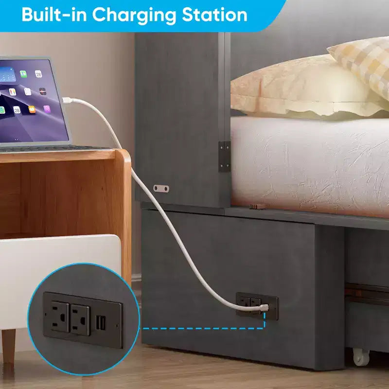 Mjkone Letto a Scomparsa Multifunzionale Queen Size con Stazione di Ricarica USB, Cassetti e Materasso Tri-Pieghevole