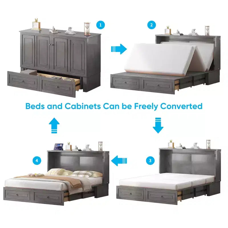 Mjkone Letto a Scomparsa Multifunzionale Queen Size con Stazione di Ricarica USB, Cassetti e Materasso Tri-Pieghevole