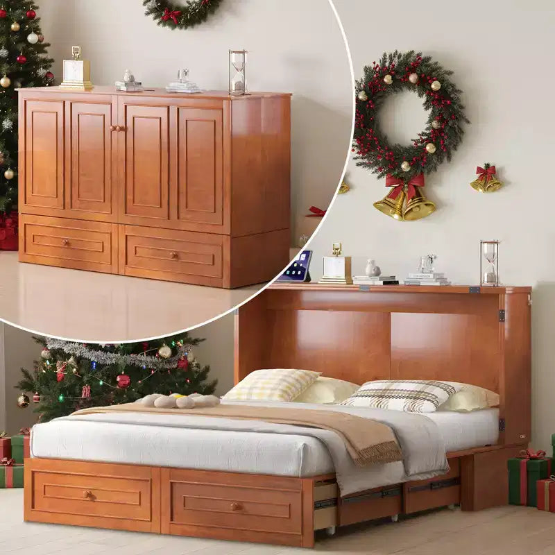 Mjkone Letto a Scomparsa Multifunzionale Queen Size con Stazione di Ricarica USB, Cassetti e Materasso Tri-Pieghevole