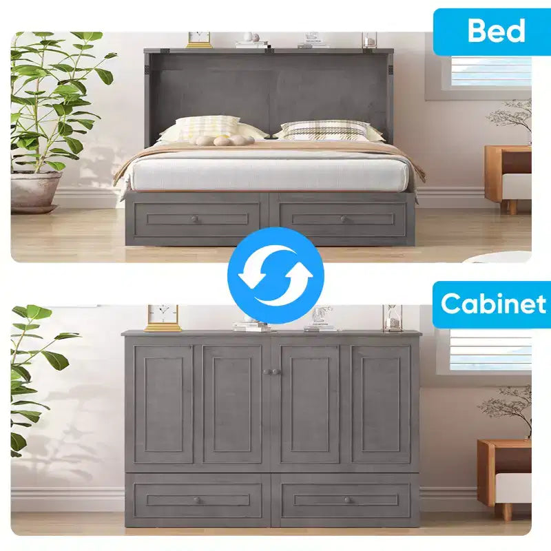 Mjkone Letto a Scomparsa Multifunzionale Queen Size con Stazione di Ricarica USB, Cassetti e Materasso Tri-Pieghevole