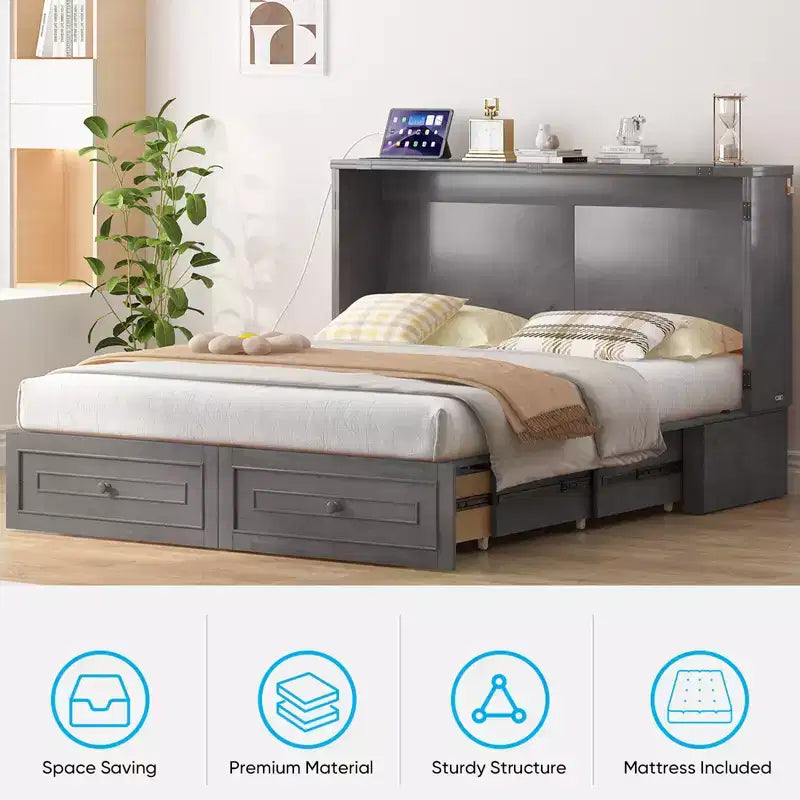 Mjkone Letto a Scomparsa Multifunzionale Queen Size con Stazione di Ricarica USB, Cassetti e Materasso Tri-Pieghevole