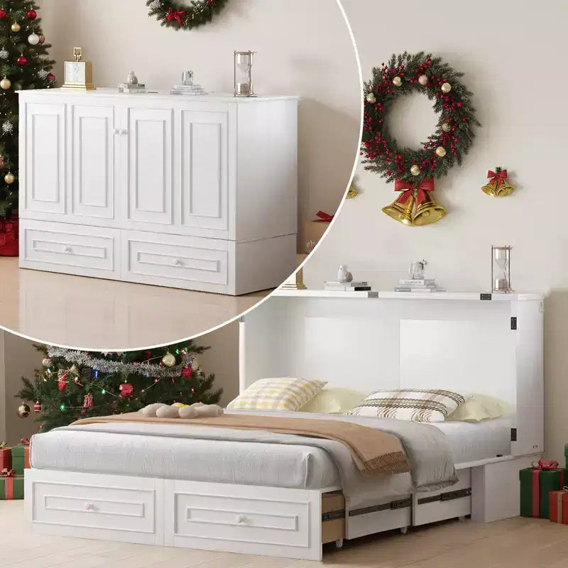 Mjkone Letto a Scomparsa Multifunzionale Queen Size con Stazione di Ricarica USB, Cassetti e Materasso Tri-Pieghevole