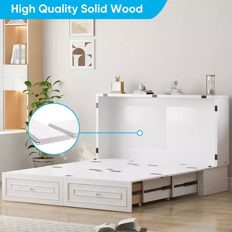 Mjkone Letto a Scomparsa Multifunzionale Queen Size con Stazione di Ricarica USB, Cassetti e Materasso Tri-Pieghevole