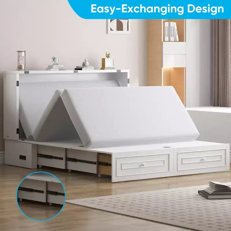 Mjkone Letto a Scomparsa Multifunzionale Queen Size con Stazione di Ricarica USB, Cassetti e Materasso Tri-Pieghevole