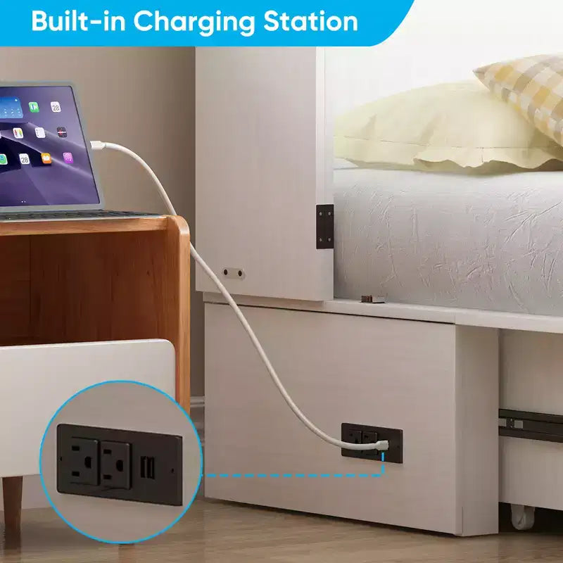 Mjkone Letto a Scomparsa Multifunzionale Queen Size con Stazione di Ricarica USB, Cassetti e Materasso Tri-Pieghevole