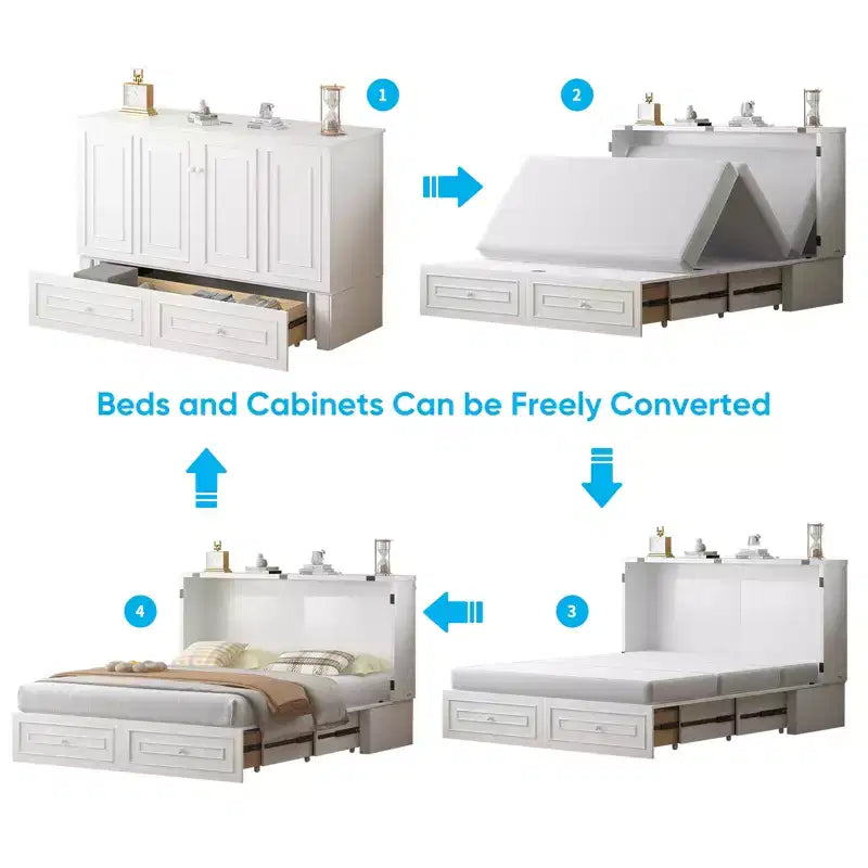 Mjkone Letto a Scomparsa Multifunzionale Queen Size con Stazione di Ricarica USB, Cassetti e Materasso Tri-Pieghevole