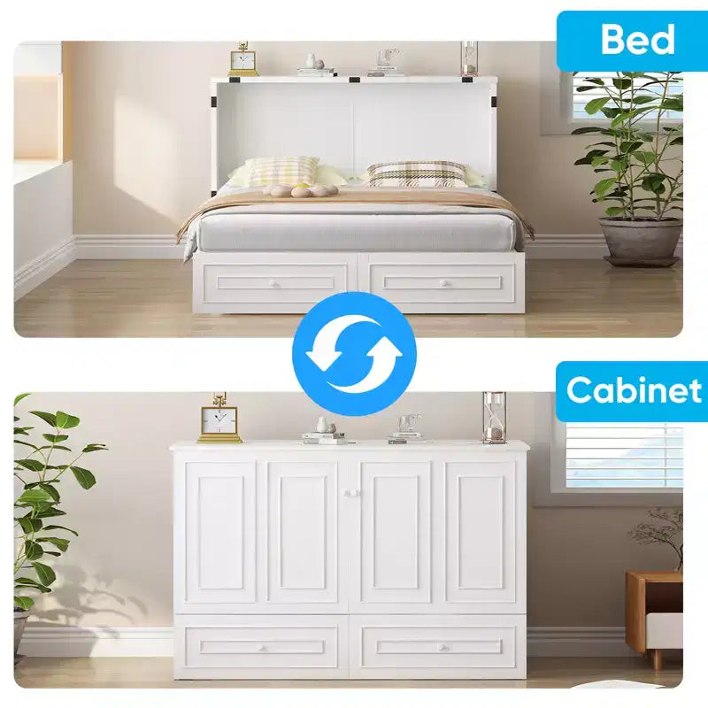 Mjkone Letto a Scomparsa Multifunzionale Queen Size con Stazione di Ricarica USB, Cassetti e Materasso Tri-Pieghevole