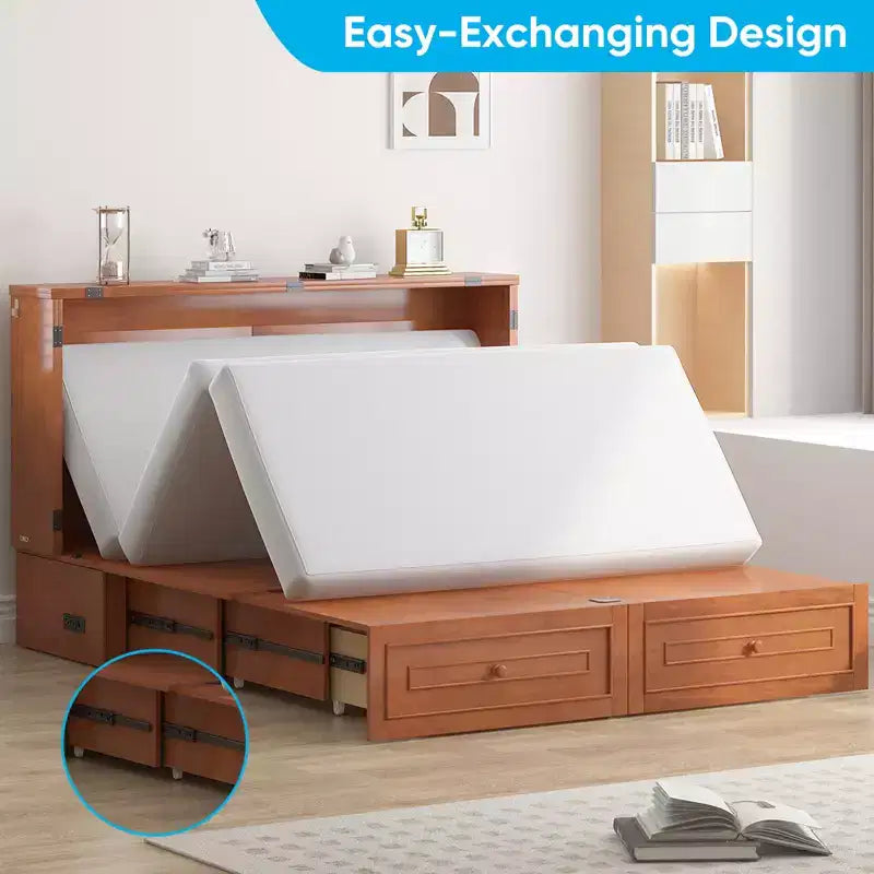 Mjkone Letto a Scomparsa Multifunzionale Queen Size con Stazione di Ricarica USB, Cassetti e Materasso Tri-Pieghevole