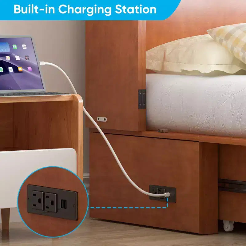 Mjkone Letto a Scomparsa Multifunzionale Queen Size con Stazione di Ricarica USB, Cassetti e Materasso Tri-Pieghevole