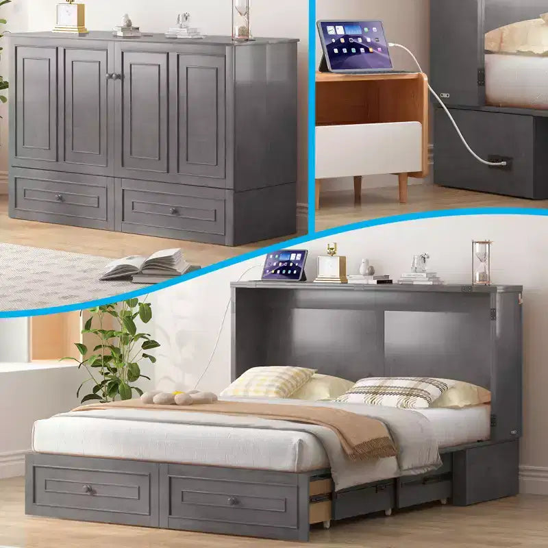 Mjkone Letto a Scomparsa Multifunzionale Queen Size con Stazione di Ricarica USB, Cassetti e Materasso Tri-Pieghevole