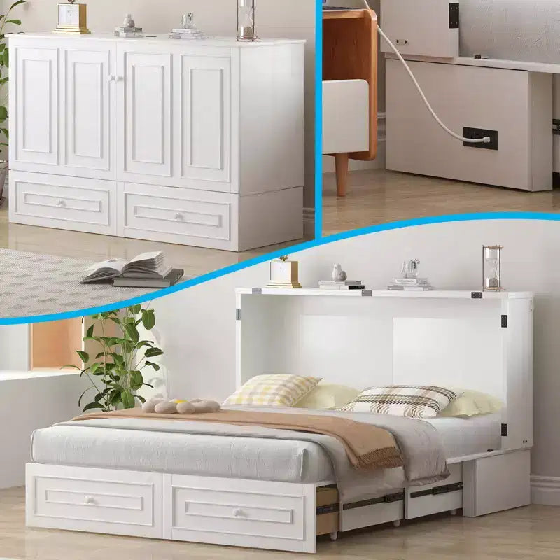 Mjkone Letto a Scomparsa Multifunzionale Queen Size con Stazione di Ricarica USB, Cassetti e Materasso Tri-Pieghevole