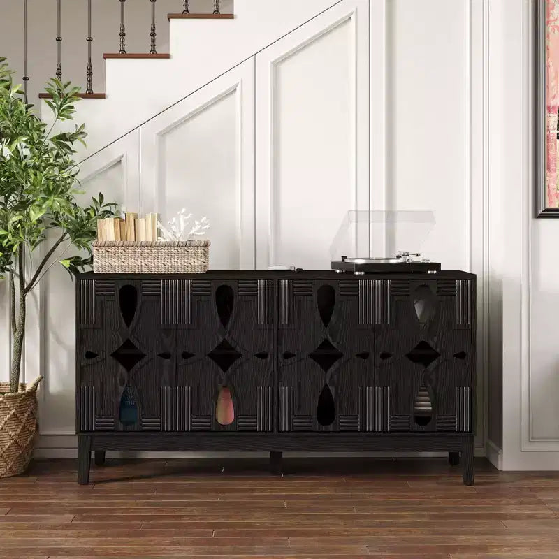 Storage Buffet Cabinet, Mid Century Modern Sideboard, Accent Storage Cabinet Serving Sideboard with 4 Hollow Out Doors and Adjustable Shelves