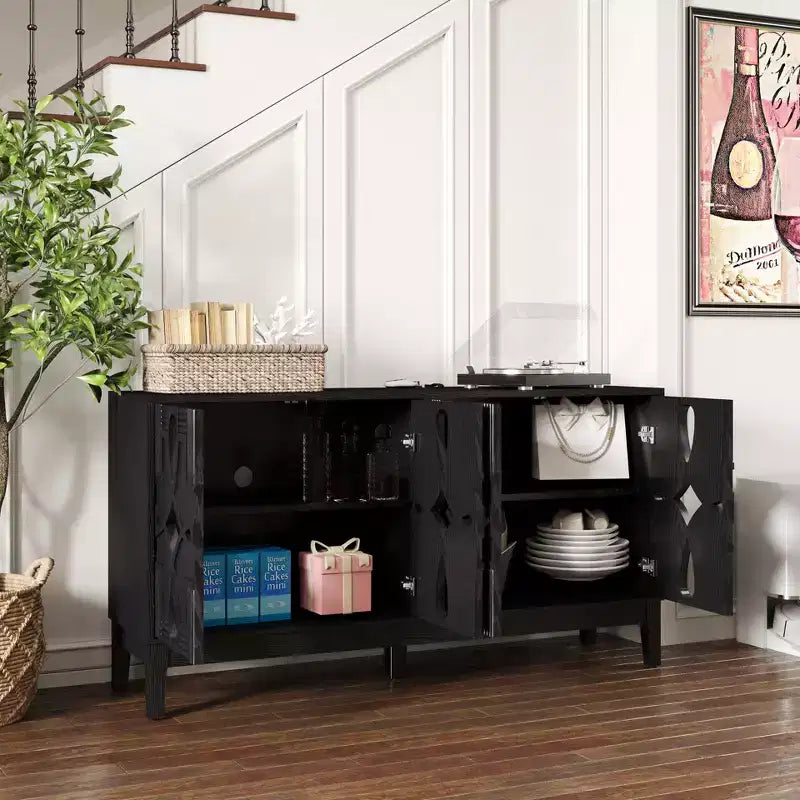 Storage Buffet Cabinet, Mid Century Modern Sideboard, Accent Storage Cabinet Serving Sideboard with 4 Hollow Out Doors and Adjustable Shelves