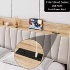 King Size Bed Frame with Storage Headboard, Charging Station, Upholstered Platform with Drawers, Sturdy Wooden Slats, No Box Spring, Light Grey