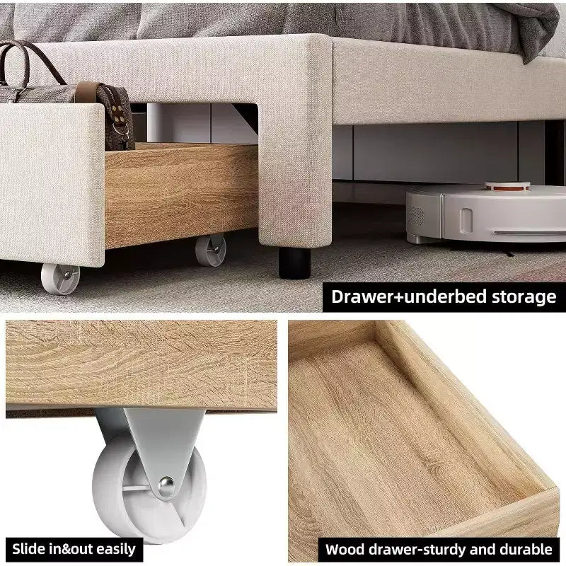 King Size Bed Frame with Storage Headboard, Charging Station, Upholstered Platform with Drawers, Sturdy Wooden Slats, No Box Spring, Light Grey