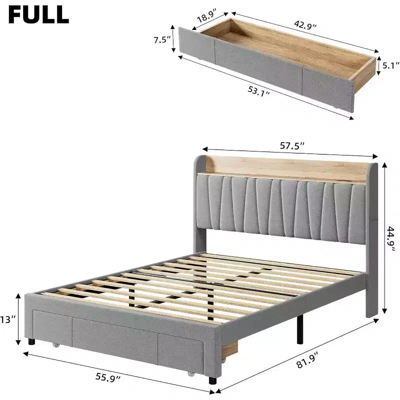 King Size Bed Frame with Storage Headboard, Charging Station, Upholstered Platform with Drawers, Sturdy Wooden Slats, No Box Spring, Light Grey