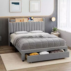 King Size Bed Frame with Storage Headboard, Charging Station, Upholstered Platform with Drawers, Sturdy Wooden Slats, No Box Spring, Light Grey