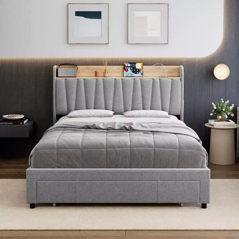 King Size Bed Frame with Storage Headboard, Charging Station, Upholstered Platform with Drawers, Sturdy Wooden Slats, No Box Spring, Light Grey