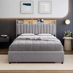 King Size Bed Frame with Storage Headboard, Charging Station, Upholstered Platform with Drawers, Sturdy Wooden Slats, No Box Spring, Light Grey