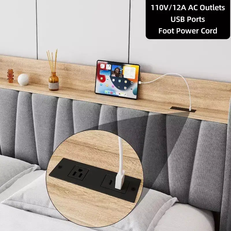 King Size Bed Frame with Storage Headboard, Charging Station, Upholstered Platform with Drawers, Sturdy Wooden Slats, No Box Spring, Light Grey