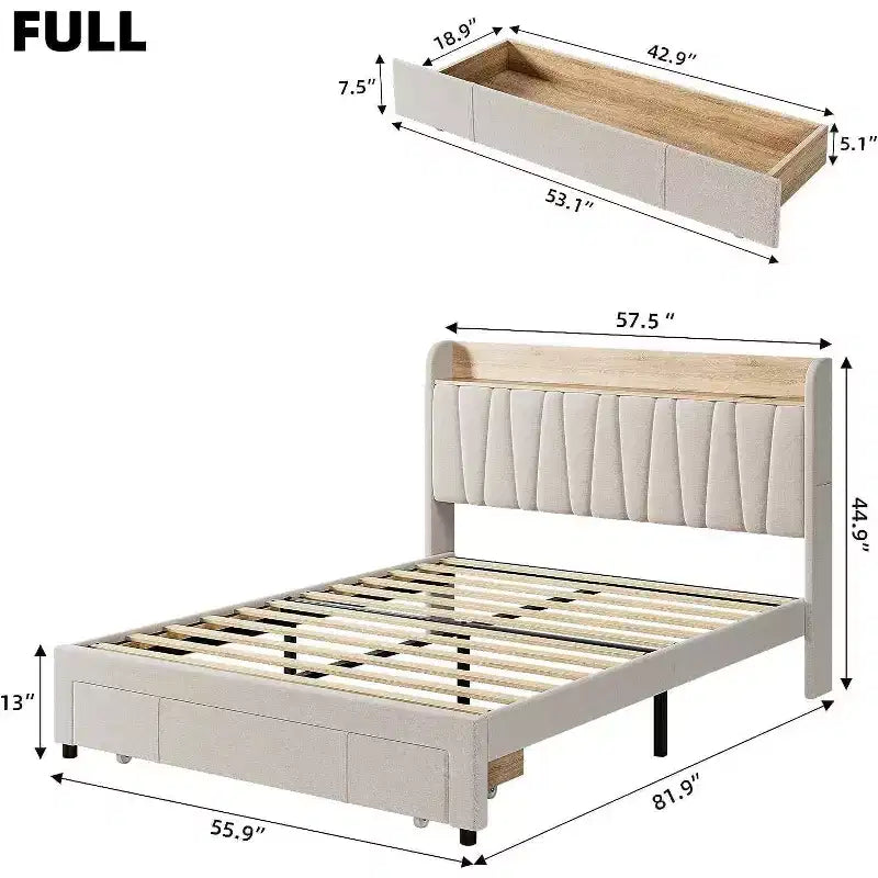 King Size Bed Frame with Storage Headboard, Charging Station, Upholstered Platform with Drawers, Sturdy Wooden Slats, No Box Spring, Light Grey