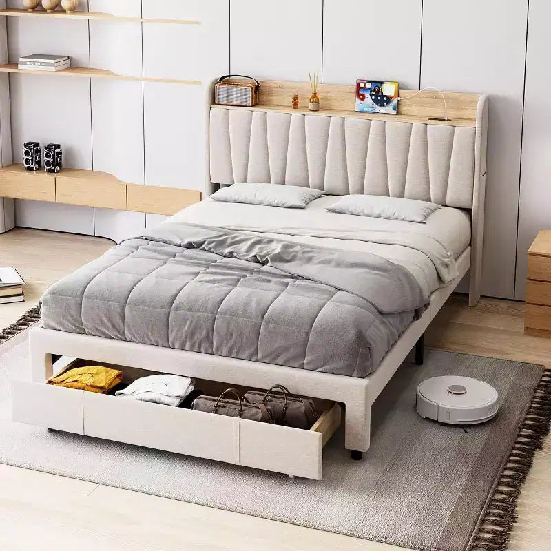 King Size Bed Frame with Storage Headboard, Charging Station, Upholstered Platform with Drawers, Sturdy Wooden Slats, No Box Spring, Light Grey